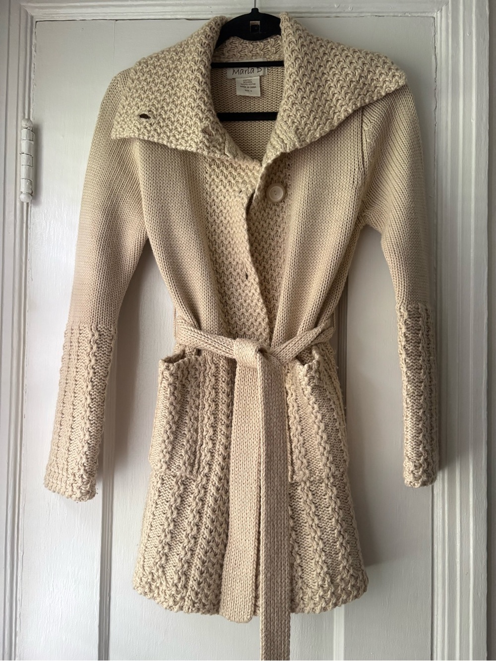 Cream Knit Shawl-Collar Belted Cardigan